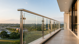 Guarda-corpo de vidro com estrutura metálica em varanda contemporânea